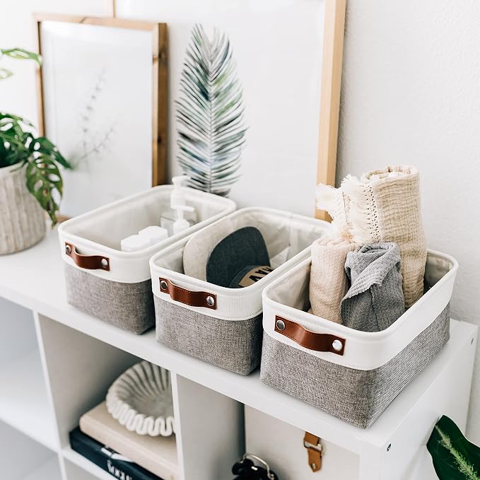 OrganiHaus Small Fabric Storage Baskets 3 Pack, 12x8in Cloth Storage Bins for Shelves, Small Baskets for Organizing Pantry Closet, Canvas Shelf Baskets, Gray/Off-White - Image 4