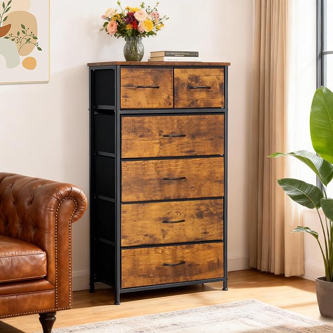 Mifuro Tall Dresser for Bedroom, Vertical Storage Organizer Tower with 6 Drawers, Chest of Drawers with Fabric Bins, Steel Frame, Wood Top for Bedroom, Closet, Entryway- Rustic Brown - Image 2