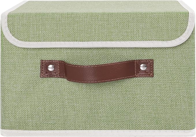 ANMINY Storage Bin with Lid Storage Boxes with PU Leather Handles PP Plastic Board Decorative Foldable Lidded Cotton Linen Fabric Home Cubes Baskets Closet Organizer Container - Green, Small Size - Image 2