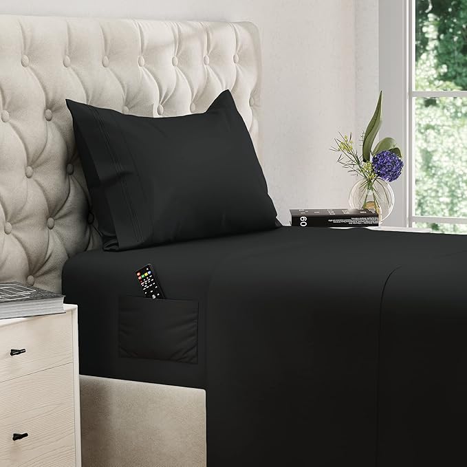 DREAMCARE Twin XL Sheet Sets - 3 pcs Breathable Cooling Bed Sheets - up to 21" Extra Deep Pocket Twin XL Sheets Set with Side Pockets - Extra Soft 100% Brushed Hypoallergenic Hotel Luxury - Black