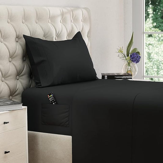 DREAMCARE Twin XL Sheet Sets – 3pcs Cooling Sheets – up to 15” Deep Pocket Twin XL Sheets Set – Hotel Luxury Sheets & Pillowcases – Superior Softness 100% Fine Microfiber with Side Pocket – Black