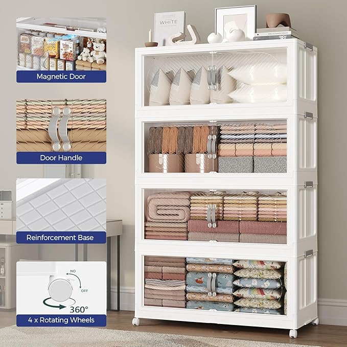 300QT Extra Large Stackable Storage Bins with Lid, 75Gal Plastic Closet Organizers and Storage Drawer, Collapsible Cabinet Box with Wheels Clear Doors for Home Kitchen Office, 5Pack White