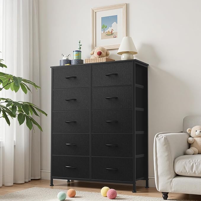 Sweetcrispy Black Dresser for Bedroom, 10 Drawer Tall Dresser, Fabric Storage Tower with Bins, Chest Organizer Unit for Bedroom Closet, Hallway, Steel Frame Wood Top, Easy Pull Handle - Image 2
