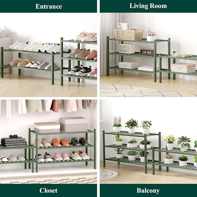 Smiry Bamboo Shoe Rack for Closet, 4 Tier Wooden Stackable Shoe Organizer, Free Standing Shoes Storage Shelf for Entryway, Front Door Entrance, Green - Image 5