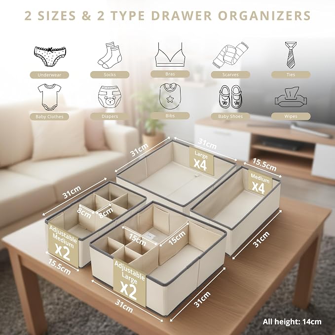 DECOMOMO Drawer Organizer for Baby – 12 Pack Clothes Organizer & Storage Dividers for Nursery, Storage Bins for Underwear, Bra, Socks, Diapers & Newborn Essentials (Beige) - Image 6