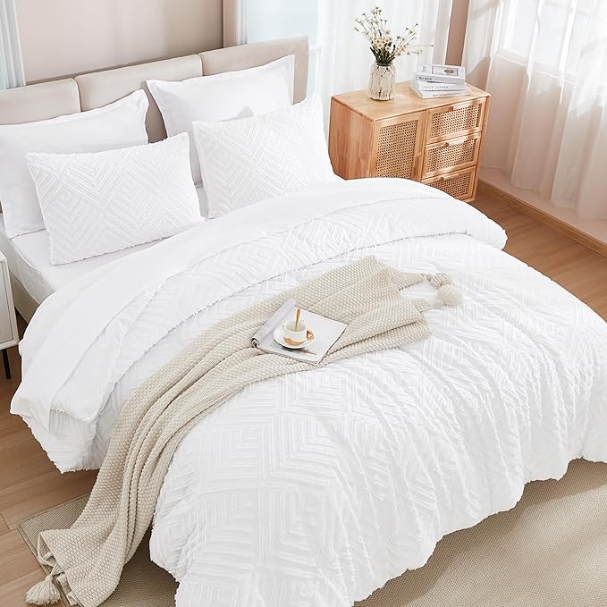 Andency California King Size Comforter Set with Sheets White - 7 Pieces Bed in a Bag Cal King Boho Tufted Lightweight Bedding Sets with Comforter, Sheets, Pillowcases & Shams