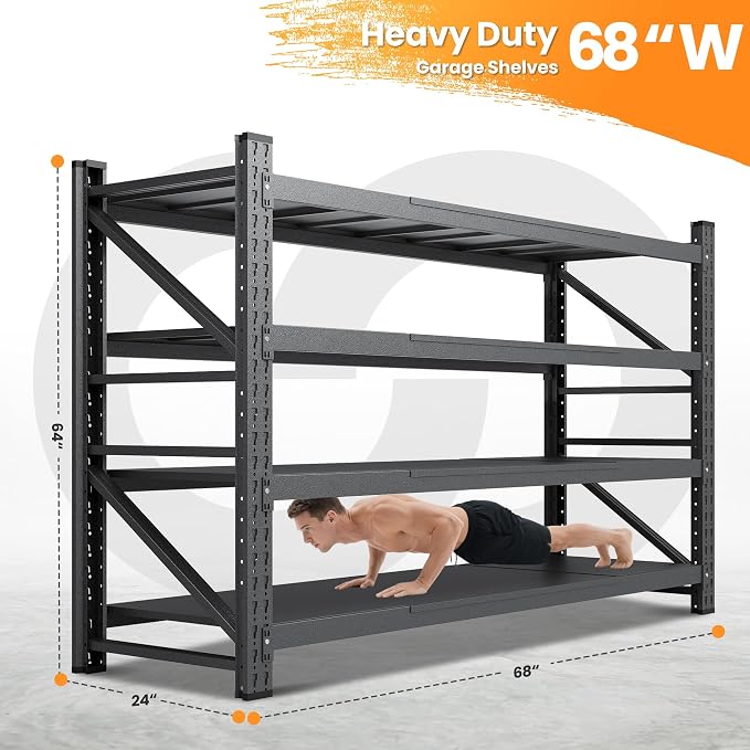 68”W Garage Shelving Units, 8000LBS Storage Shelves Heavy Duty, 24" Deep Metal Shelving Rack, 4 Tier Tall Steel Industrial Shelving , Adjustable Standing Shelf for Warehouse / Shop 68"W x 24"D x 64"H - Image 2