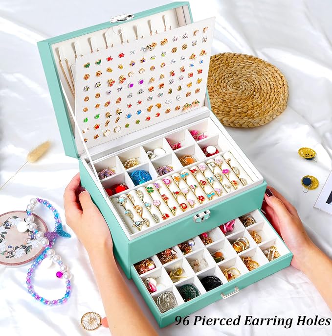 QBestry Earrings Jewelry Box for Girls, 5 Layers Jewelry Organizer with Earring Holder Organizer for Girls Earring Organizer Jewelry Boxes for Women Earrings and Necklaces Jewelry Box Organizer Teal - Image 6