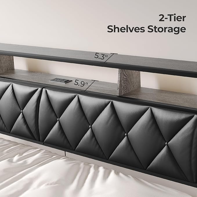 King Headboard Only, Headboard for King Size Bed with Storage, Upholstered Headboards with LED Lights & Charging Station, Attach Frame, Ideal for Bedroom/Dorm/Guest Room, Black, Faux Leather