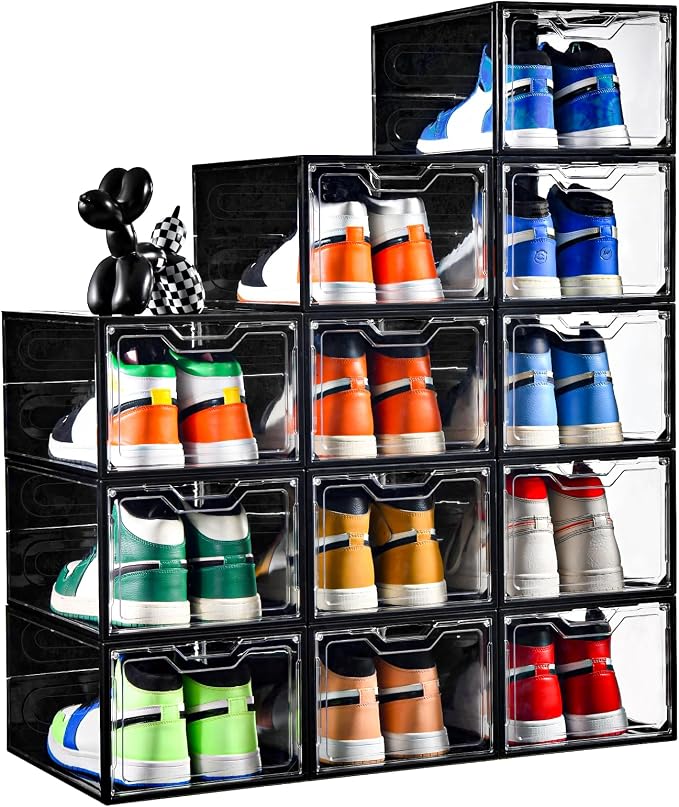 Stebopum 12 Pack Stackable Shoe Storage Organizer with Magnetic Door, Shoe Boxes Clear Black Plastic for Closet, Shoe Rack for Sneaker Boot Container, Shoe Cabinet Fit up to US Size 12 by Stebopum