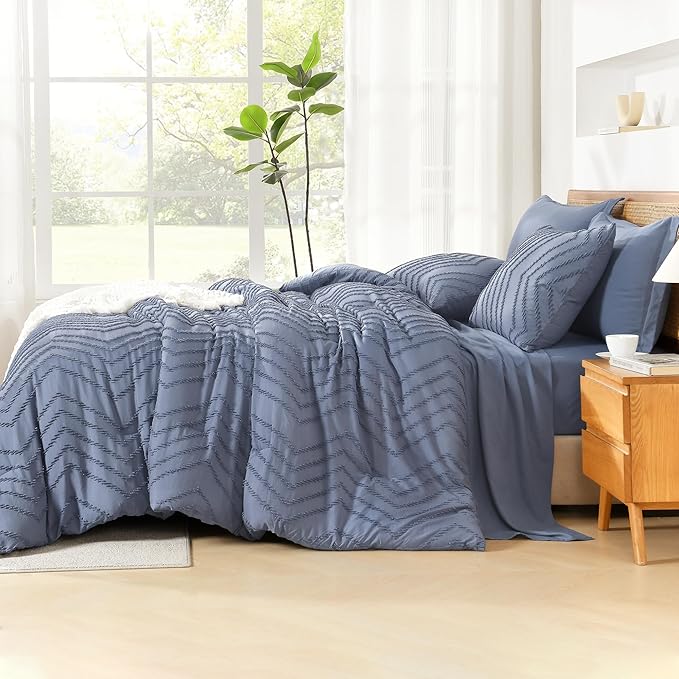 Litanika California King Size Comforter Set with Sheets Bluish Grey - 7 Pieces Bed in a Bag Cal King Chevron Tufted Complete Bedding Sets with Comforter, Sheets, Pillowcases & Shams