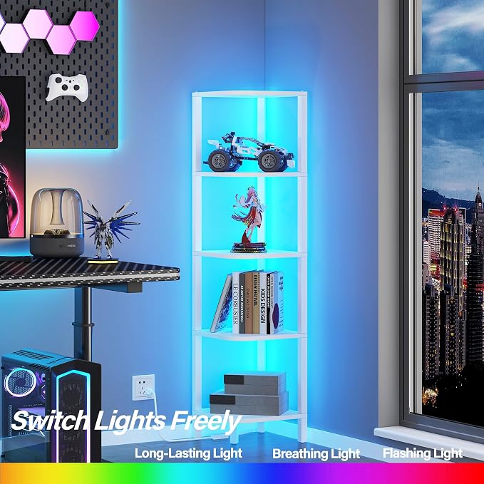 TUTOTAK Corner Shelf with LED Light, 5-Tier Corner Bookshelf for Small Space, Narrow Display Corner Shelf Stand with Storage Rack, for Living Room, Bedroom, White BS08BW005L - Image 3