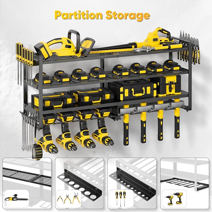 POKIPO Large Power Tool Organizer Wall Mount,4 Layers Heavy Duty Metal Loads 400lbs,Power Tool Shelf Battery Storage with 8 Cordless Drill Holder,Utility Racks for Garage Workshop - Image 3