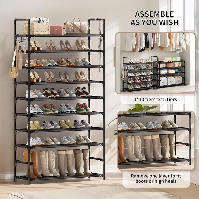 Shoe Rack, 10 Tier Shoe Storage Organizer with Hooks,Fit 40-45 Pairs Shoes,Nonwoven Fabric Tall Shoe Shelf for Closet,Entryway, Hallway,Garage,Bedroom,Cloakroom - Image 5