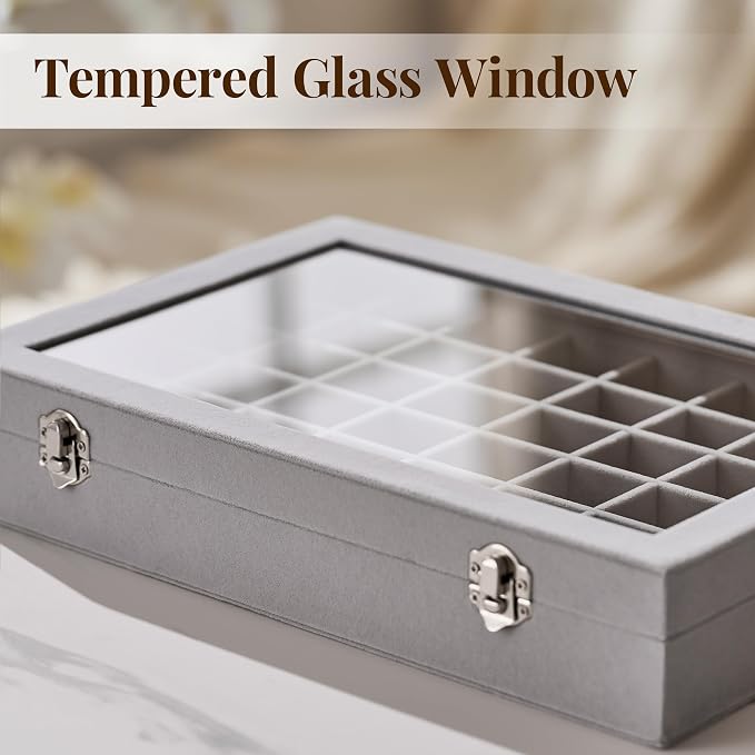 48 Grid Earring Organizer and Storage: Velvet Jewelry Tray with Lid, Jewelry Box for Studs, Earrings, Rings, Necklaces, Dresser & Vanity, Earrings Case Organizer for Girls, Women, 13"x8.6"x2.4", Grey - Image 8