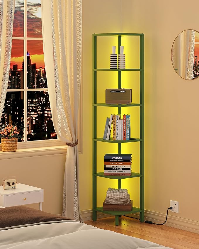 TUTOTAK Corner Shelf with LED Light, 6-Tier Corner Bookshelf for Small Space, Narrow Display Corner Shelf Stand with Storage Rack, for Living Room, Bedroom, Olive Green BS08BOG006L - Image 3