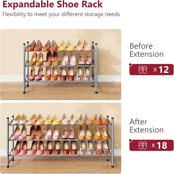 Tajsoon Expandable Shoe Rack for Closet 3 Tier, 28“-41“Adjustable & Stackable Shoe Shelf Storage, Metal Shoe Rack Organizer for Front Door Entrance, Closet, Garage, Entryway, Grey - Image 4