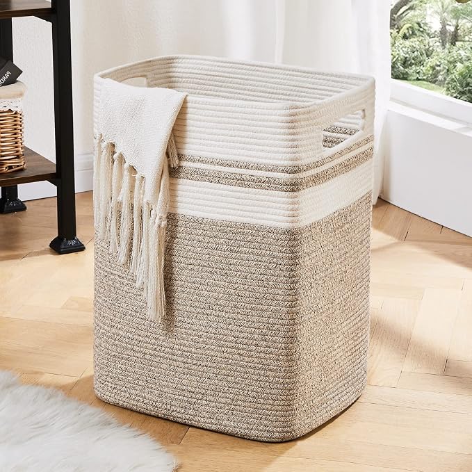 OIAHOMY Laundry Hamper-Laundry Basket,Tall Cotton Storage Basket with Handles,Decorative Blanket Basket for Living room,Collapsible Large Basket for Toys,Pillows,Clothes-16x13x22in-Yellow variegated by MasterofSpaceOptimization