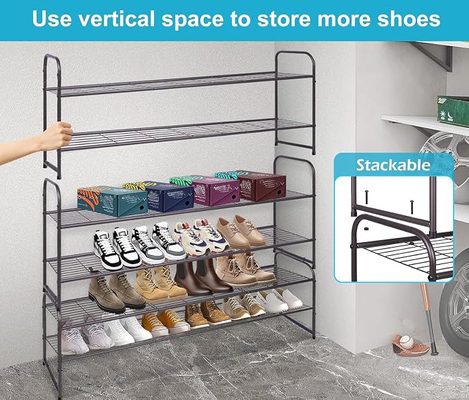 KEETDY 2-Tier Long Shoe Rack for Closet Entryway Shoe Organizer for 18 Pairs Sneakers, Metal Stackable Shoe Storage Shelf with Wire Grid for Bedroom, Floor, Bronze - Image 5