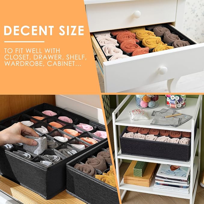 Criusia 3 Pack Sock Underwear Organizer Dividers, 64 Cell Fabric Foldable Cabinet Closet Organizers and Storage Boxes for Storing Socks, Underwear, Ties (16+24+24 Cell, Black) - Image 4