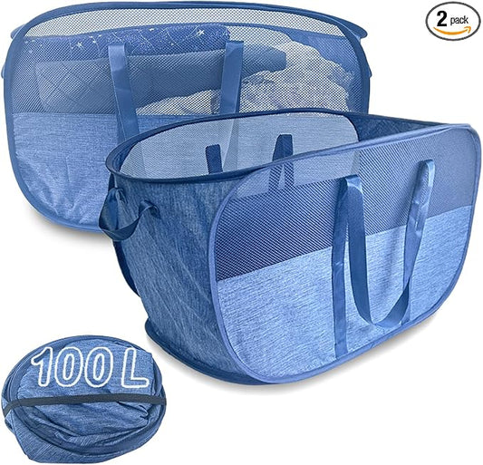 100L Collapsible Laundry Baskets 2 Pack, Extra Large Mesh Pop Up Laundry Hamper, Dirty Clothes Hamper with Reinforced Handles, Folding Hampers for Travel. Dorm or Home Portable Laundry Baskets. Blue by NairSnow