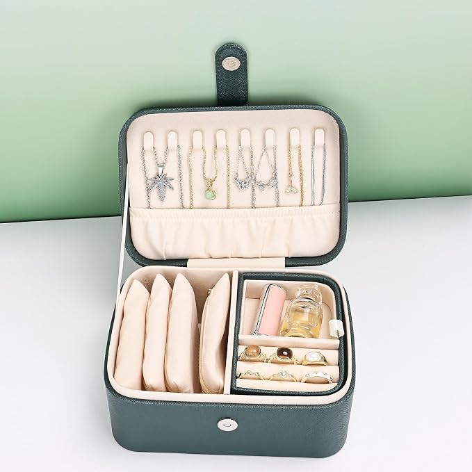 2 Layer Large Jewelry Travel Case with 4 Jewelry Pouches, PU Leather Portable Jewelry Storage Box, Medium Size Jewelry Organizer Box for Earrings, Necklaces, Bracelets (dark green) - Image 6