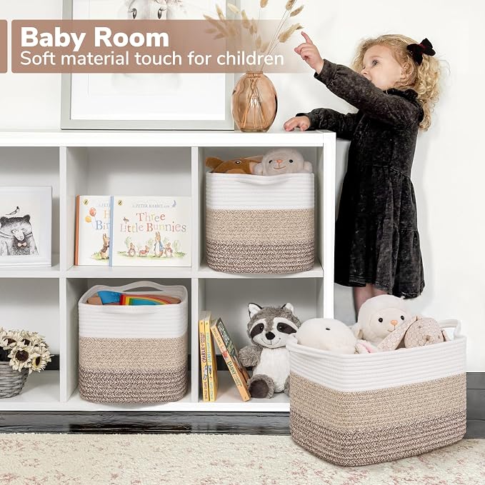 Goodpick Woven Storage Basket, 13"x10"x9" Cotton Rope Organizer for Dog Toys, Books, Stylish Gift Basket with Handles, Small Laundry Baskets for Shelves, Gradient Brown - Image 3