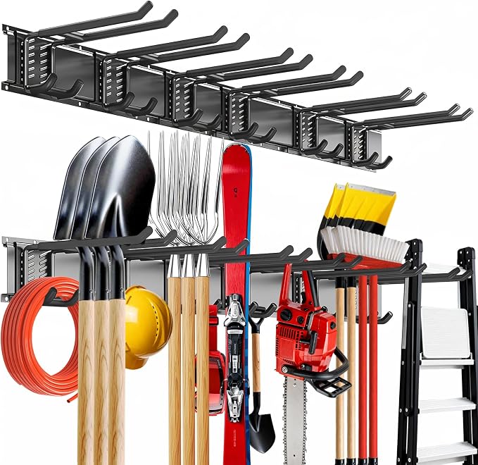 Garage Tool Organizer Wall Mount, 48inch Heavy-Duty Garage Storage System and Garden Tool Organizer with 6 Adjustable Double Hooks for Shovel, Snowboard, Yard Tools and Shed by TEBGEAG