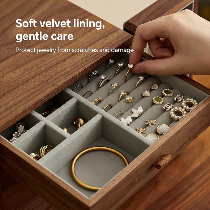 Black Walnut Wood Wooden Jewelry Box for Women, Large Velvet Lined Jewelry Organizer with 5 Drawers & Brass Feet, Earring Jewelry Box Organizer, Traditional Chinese Pattern Handles - Image 4