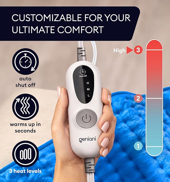 GENIANI Electric Heating Pad for Back Pain & Cramps Relief, Electric Throw, Auto Shut Off, Machine Washable, Moist Heat Pad for Neck & Shoulder - Mother’s Day Gifts, 12x24 Electric Blue