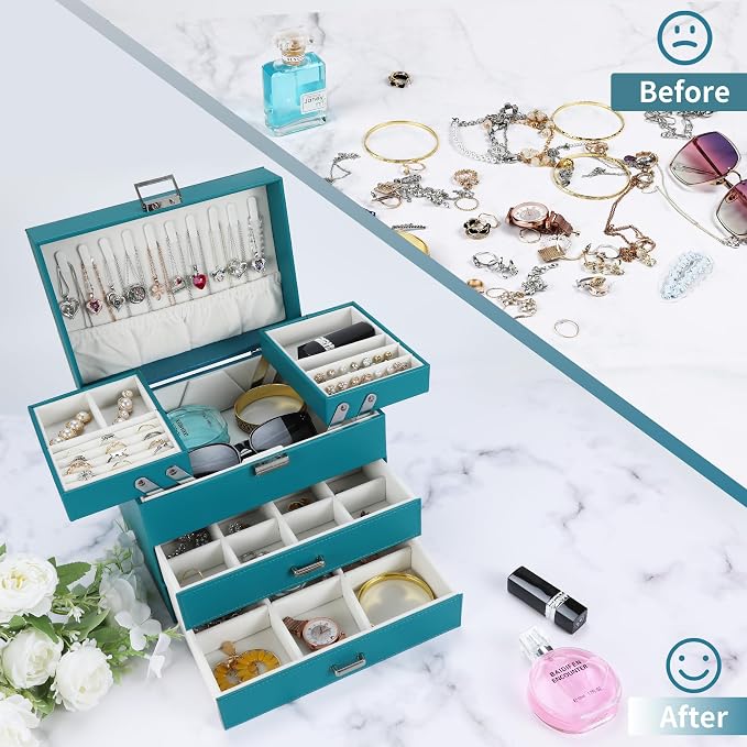 Dajasan Jewelry Box Organizer, Jewelry Holder Organizer Box, 4 Layers Leather Jewelry Storage Box, Gift Idea for Women, Girlfriends, Wife or Mother (Blue) - Image 2