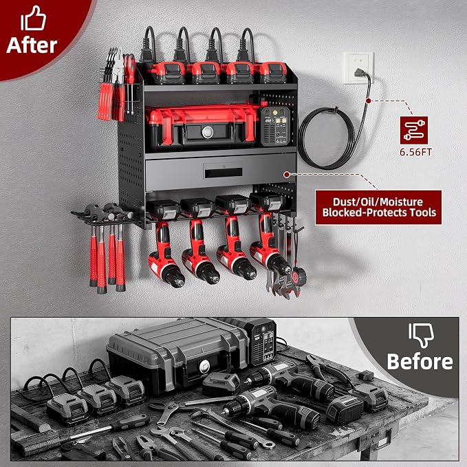Power Tool Organizer Wall Mount Heavy Duty 130 lbs, 4 Layers Storage Rack with 6 Drill Holders & Battery Storage, Cordless Tool Organizer for Garage, Workshop & Tool Room - Image 7