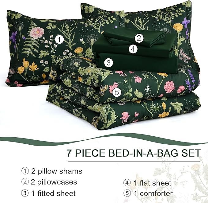 Yiran Floral Twin Comforter Set with Sheets, 6 Piece Bed in a Bag with Botanical Flowers Patterns, Dark Green Bedding Set Girls Soft Lightweight Complete Comforters with Sheets for Women