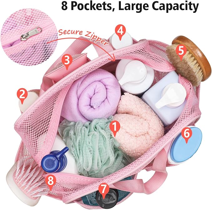 F-color Mesh Shower Caddy Portable with Zipper - Upgrade Deeper 7 Pockets Dorm Room Essentials for Guys Girls with S Hook, Shower Bag Basket Tote for College Camping Toiletry Bathroom, Pink - Image 6