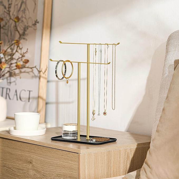 pickpiff Necklace Holder Jewelry Organizer Stand – 2‑Tier T‑Bar Jewelry Display Tree with Tray for Countertop Necklace Bracelet Earring Storage, Vanity Dresser Bathroom Sink, Black-Gold - Image 4