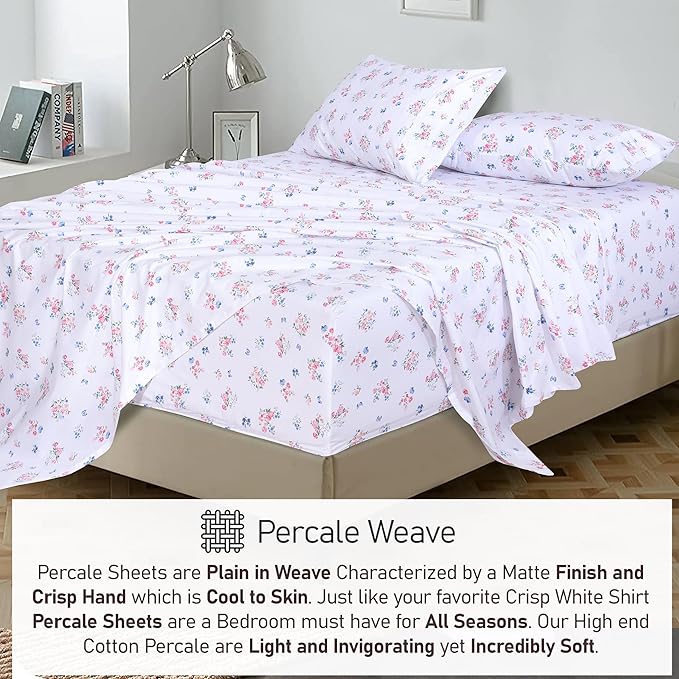 RUVANTI 100% Cotton Sheets – Queen Size Percale Bedding, Cooling & Breathable Floral Design, Durable with a Crisp, Soft & Comfortable Feel, 16" Deep Pocket, 4-Piece Set, Funa Flora