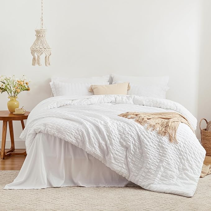 Love's cabin Seersucker White Twin Comforter Set, 5-Piece All Season Lightweight Bed in a Bag Bedding Set with Comforter, Flat Sheet, Fitted Sheet, Pillowcase and Sham | Soft, Breathable, Lightweight