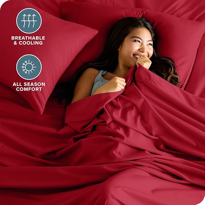 Bare Home Split King Sheet Set - 1800 Ultra-Soft Microfiber Bed Sheets - Double Brushed - Deep Pockets - Easy Fit - 5 Piece Set - Bedding Sheets & Pillowcases (Split King, Red)