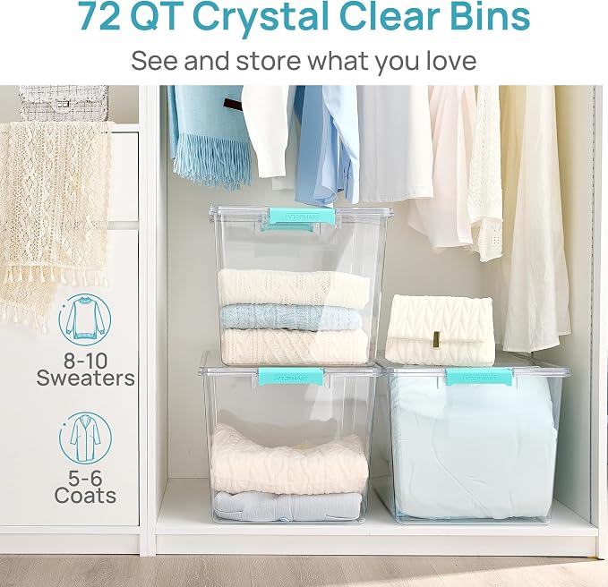 Vtopmart 2 Pack 72 QT Crystal Clear Storage Bins with Lids, 4 Pack Stackable Plastic Large Latching Boxes Totes Tubs Container for Closet Organizers and Storage, Bedroom, Clothes, Bedding - Image 3