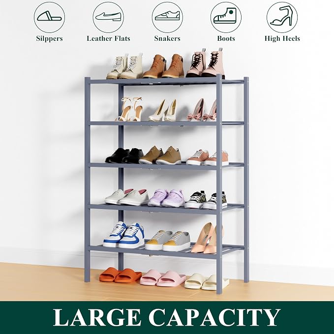 Smiry Shoe Rack, 5 Tier Thick Bamboo Shoe Organizer, Stackable Free Standing Wooden Shoe Storage Shelf for Closet, Entryway, Front Door Entrance, Grey - Image 6