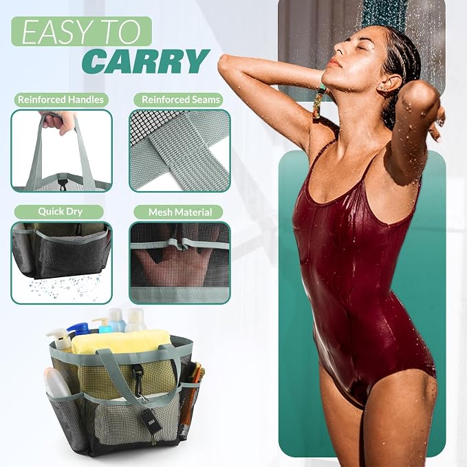 LOYEE Mesh Shower Caddy Portable for College Dorm Room Essentials with 8 Pockets,Shower Bag for Beach,Swimming,Gym,Travel,Bathroom(Grey) - Image 4