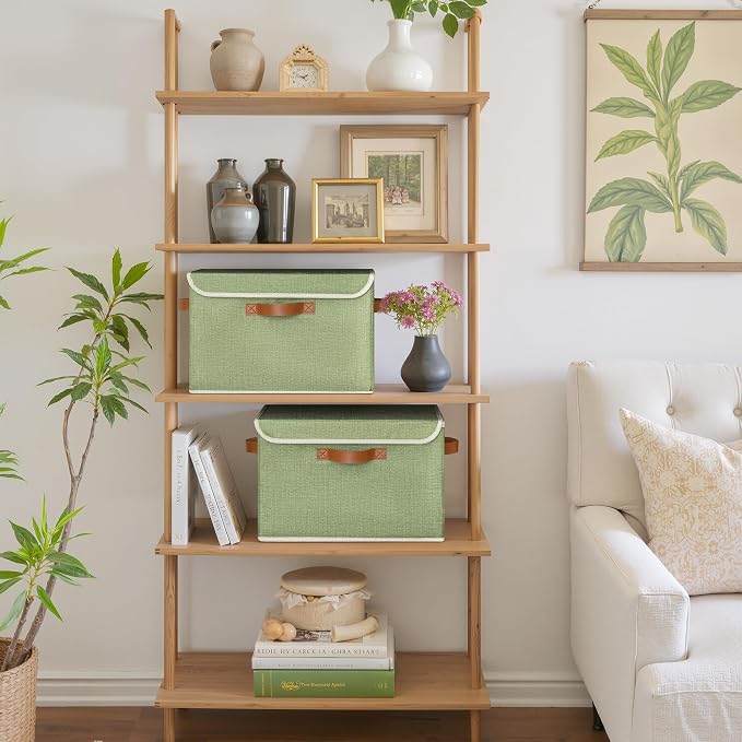 GRANNY SAYS Fabric Storage Bins with Lids, Decorative Storage Boxes with PU Handles, Keepsake Memory box, Shelf Baskets for Closet, Sage Green/White, Large, 2-Pack - Image 3