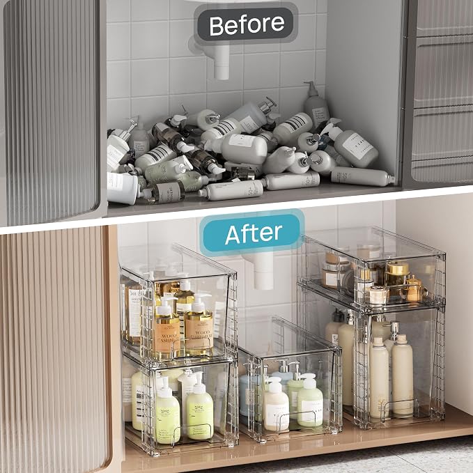 Vtopmart 3 Pack Clear Stackable Storage Drawers,Easy to Assemble Bathroom Organizers and Storage with handles,Plastic Drawers for Kitchen Pantry,Cabinet,Under Sink Organization - Image 5