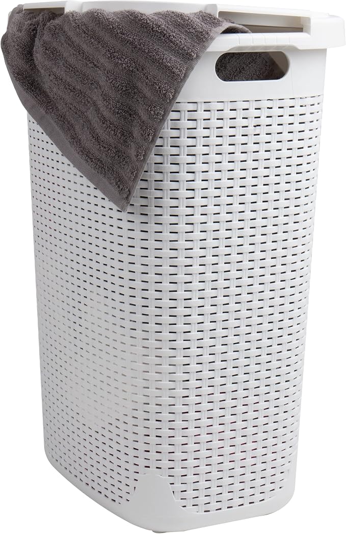 Mind Reader Slim Laundry Hamper with Lid, 60L Tall Clothes Basket, Narrow Tapered Design for Bathrooms, Closets and Laundry Rooms, Plastic, White by MindReader