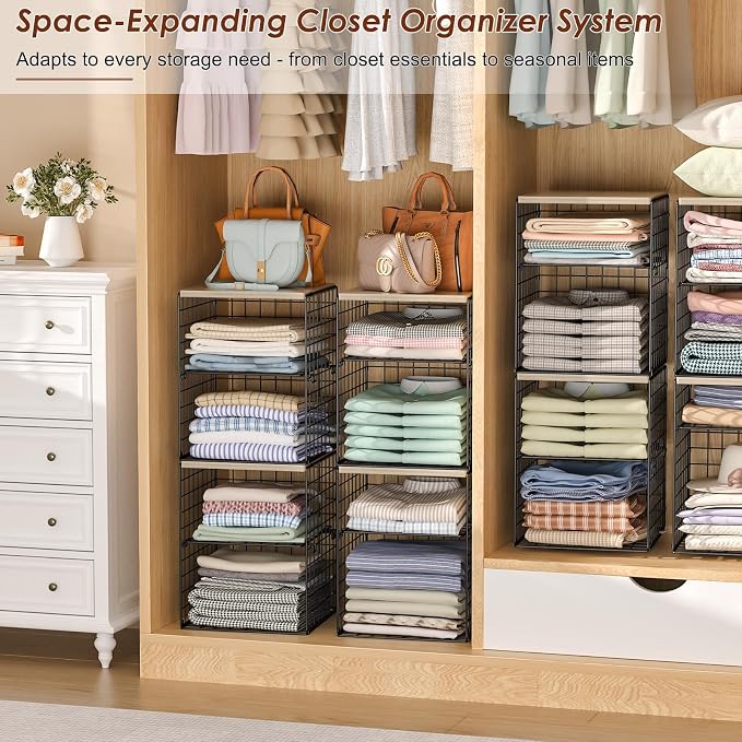 4-Tier Stackable Closet Organizers and Storage, Adjustable Dividers & Wood Top Storage Shelves for Clothes, Wardrobe & Closet Storage Basket Bins/Cube, Space-Saving Closet Organizer System, Black - Image 7