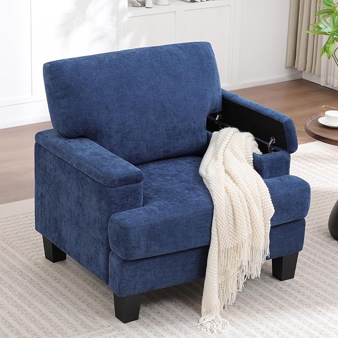 Oversized Accent Chair with Storage Armrest, Modern Upholstered Reading Living Room Chairs, Comfy Large Armchair, Fabric Single Sofa Chair for Bedroom (Navy Blue)