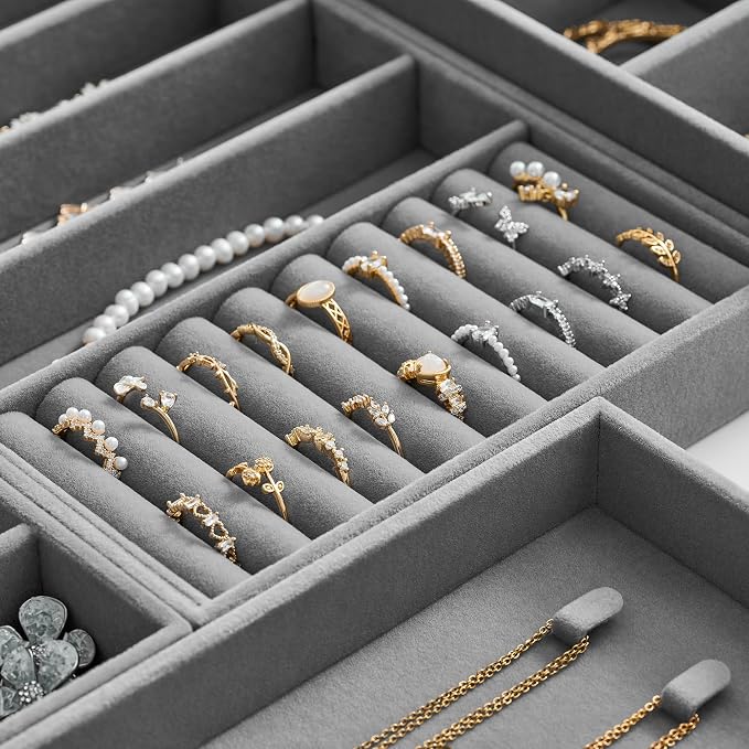Velvet Jewelry Drawer Organizer Trays – Large Grey Stackable Jewelry Storage Inserts Set, 4-Layer Jewelry Tray Set for Earrings, Rings, Necklaces, Bracelets with Removable Dividers for Dresser, Vanity - Image 4