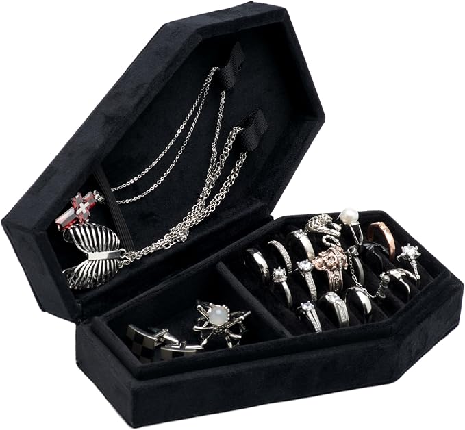 Velvet Coffin Jewelry Travel Case Holder for Gothic Wedding Ceremony Jewelry Organizer Decoration (Black) - Image 4