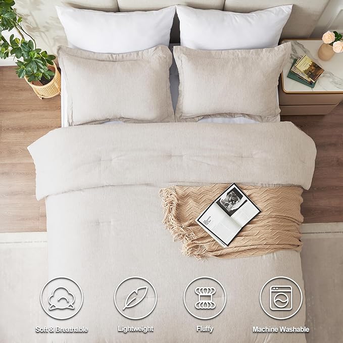 CozyLux King Size Comforter Set - 3 Pieces Beige Soft Luxury Cationic Dyeing Bedding Comforter for All Season, Breathable Lightweight Fluffy Boho Bed Sets with 1 Comforter and 2 Pillow Shams