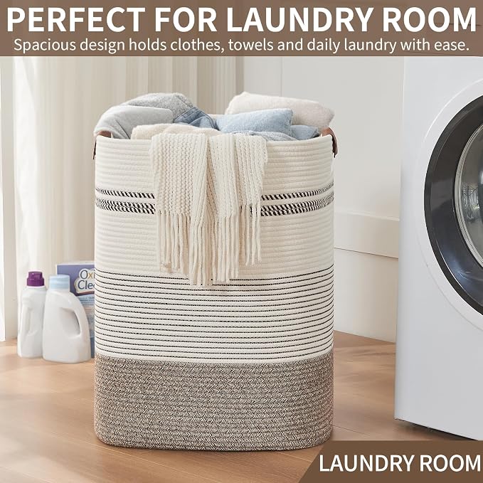 AINUOQI Laundry Hamper - Tall Woven Rope Laundry Basket - Clothes hamper with Leather Handles, 17" X 13.8" X 22", Blanket Storage Basket for Living Room, Rice Brown & White - Image 5